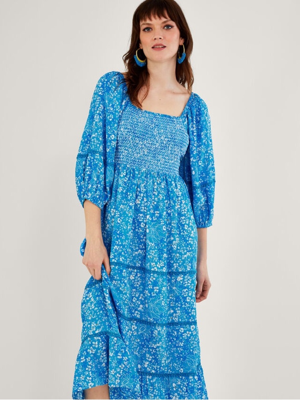 Monsoon Gabby shirred dress in sustainable viscose blue Size 20